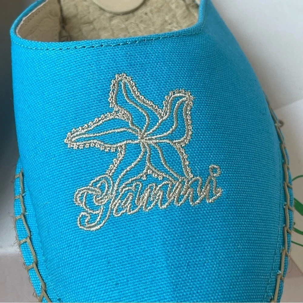 NWT Ganni embroidered espadrilles canvas aqua blue Aquarius starfish slippers
